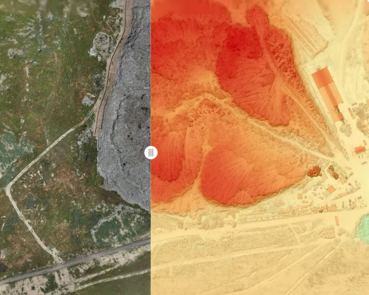 Split view comparing the orthophoto against a colour-shaded elevation model