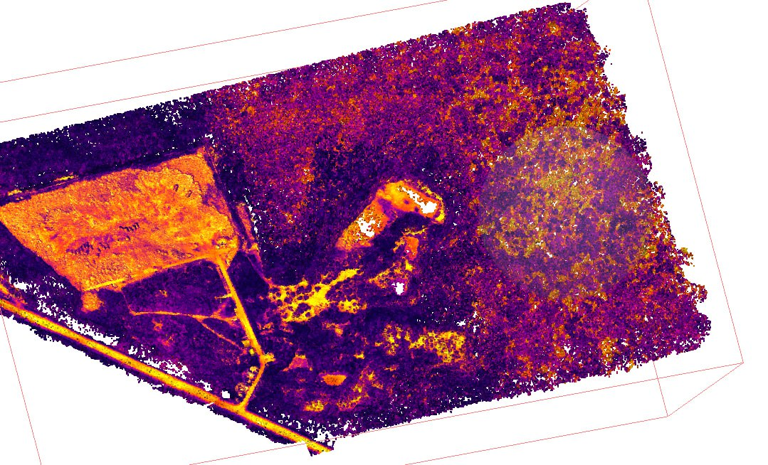 Thermal point cloud of the site, warm anomalies picked out against cool ground
